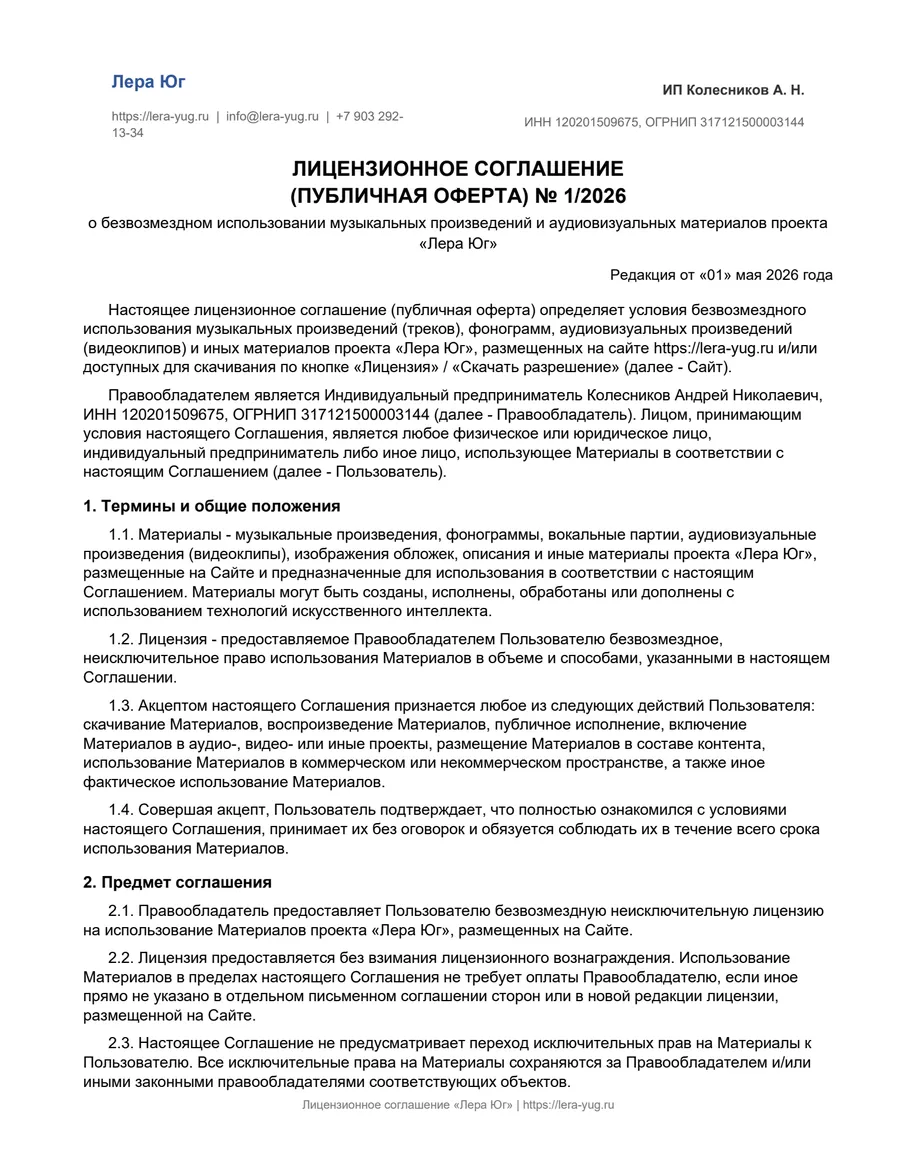 Первая страница лицензионного соглашения с реквизитами ИП